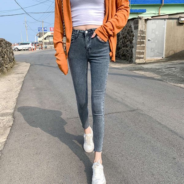 

smoke grey jeans women's capris autumn new korean high waist elastic tight skinny leggy pants, Blue