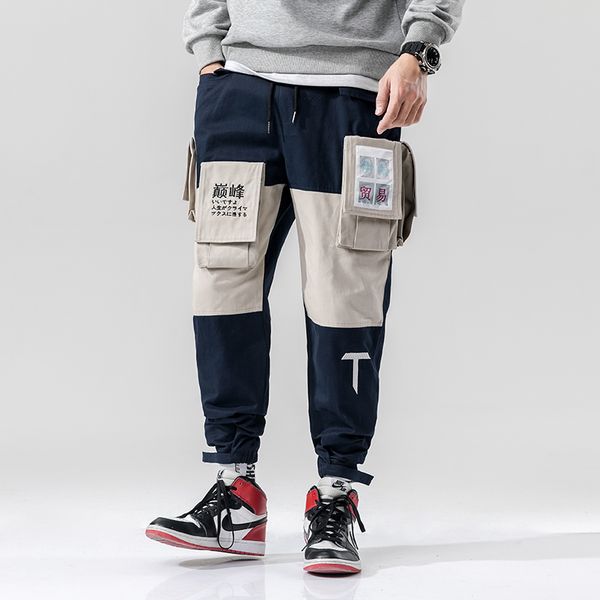 

nieuwe japan stijl street fashion casual borduren kleur patchwork mannen jogger potlood broek multi-zakken volledige lengte broek, Black