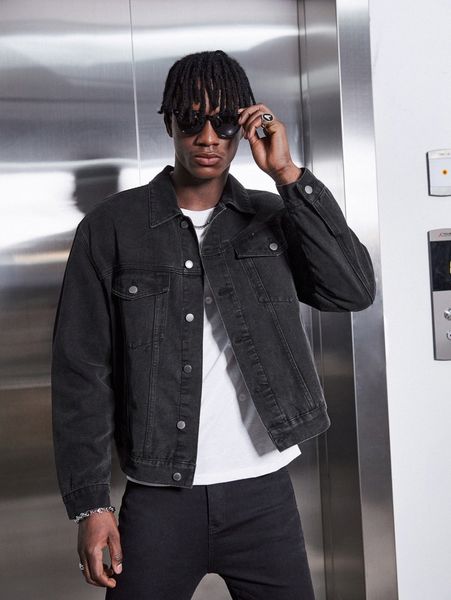 

men collared flap pocket patched denim jacket m1vm#, Blue