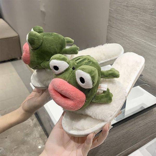 

women flat slippers warm frog animal plush slippers female home floor fashion shoes couple footwear open toe autumn y201026, Black