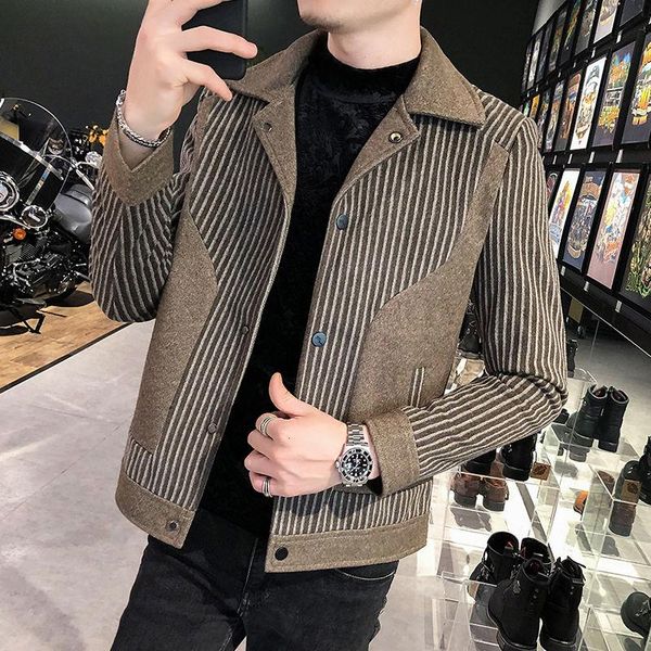 

men's wool & blends korean style short stripe printing woolen jacket mens trench coat abrigo largo hombre autumn, Black