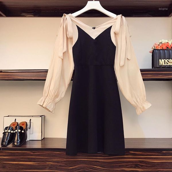 

large size fashion v-neck dress 2020 autumn new casual chiffon patchwork waist bow party long-sleeved black short dress women1, Black;gray