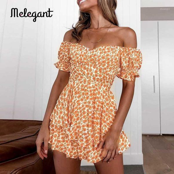 

melegant party off shoulder boho print short overalls 2020 summer women fashion ruffle high waist rompers holiday jumpsuit1, Black;white