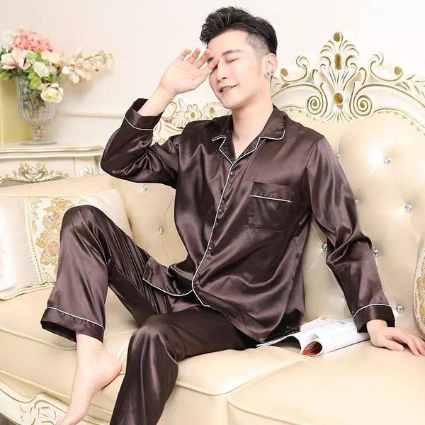 

men pajamas set solid satin summer long sleeve autumn homewear silk men sleepwear suit casual dormir pyjamas male sleep lj201112, Black;brown