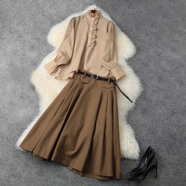 

2021 spring long sleeve round neck khaki pure color blouse + belted pleated mid-calf skirt two piece suits 2 pieces set lj0711764, White