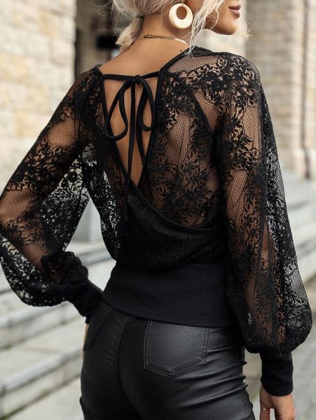 

floral lace tie back lantern sleeve p1hz#, White