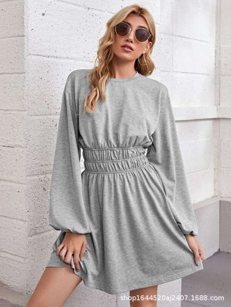 

new style solid color waistband medium length pleated casual dress bottoming shirt long sleeve jacket woman, Black;gray