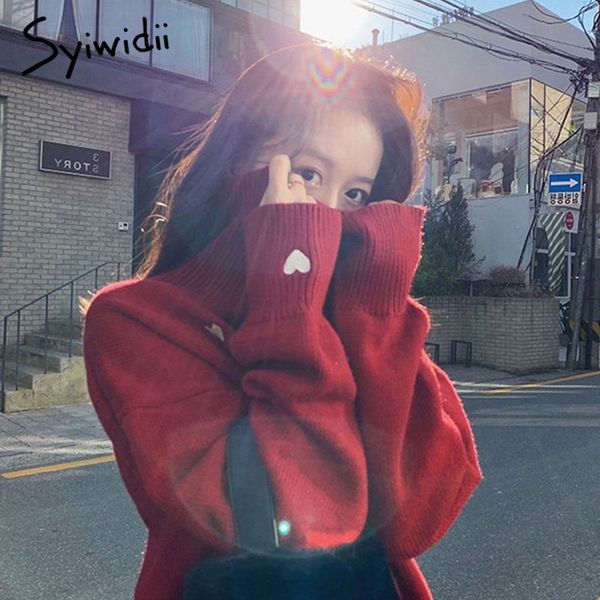 

syiwidii women sweater pullover embroidery heart turtleneck knit sweater batwing sleeve winter clothes women korean 2020 new, White;black
