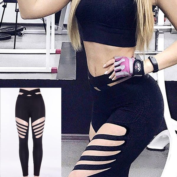

broken hole yoga pants fashion women's spring and autumn cross waist gym ladies leggings high elastic fitness sports pants, White;red
