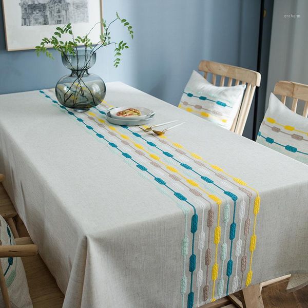 

simple color embroidered striped tablecloth cotton linen waterproof modern geometric table cloth rectangular coffee table cover1