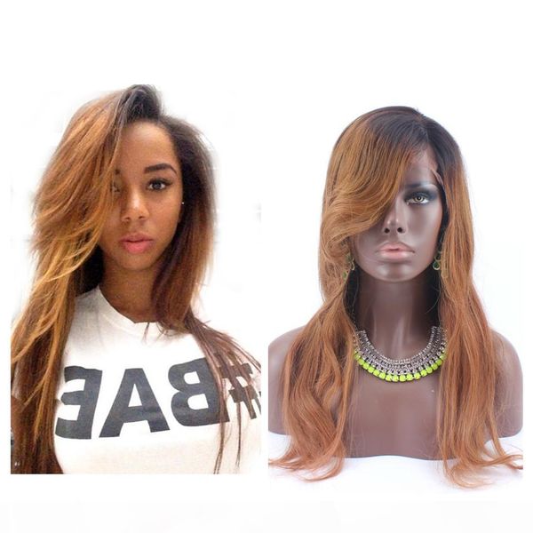 

sales big promotion ombre silky straight glueless front lace human hair wigs 1b 30 two tone lace front wigs 130 density, Black;brown