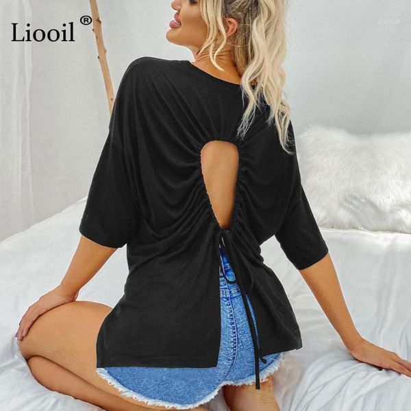 

liooil casual loose hollow out drawstring shirt women 2020 short sleeve o neck slit women's summer black shirts and blouses1, White