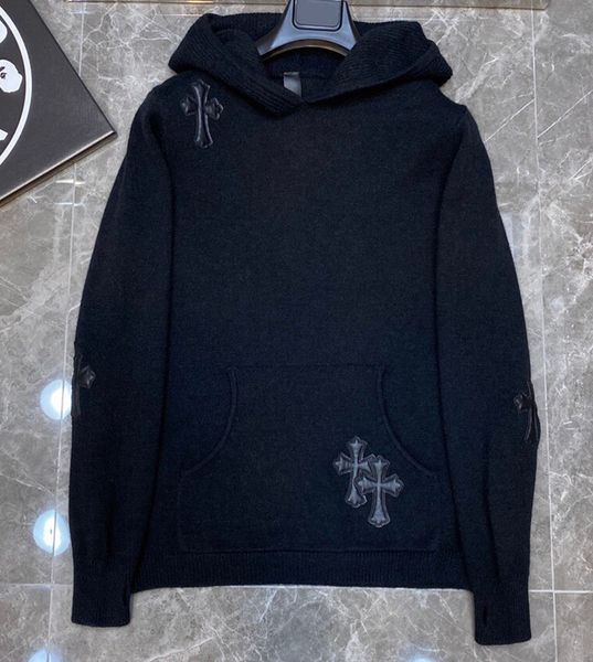 

ch fashion crosin cross leather sanskrit graffiti print casual hooded zipper long sleeve sweater for men and women, Black