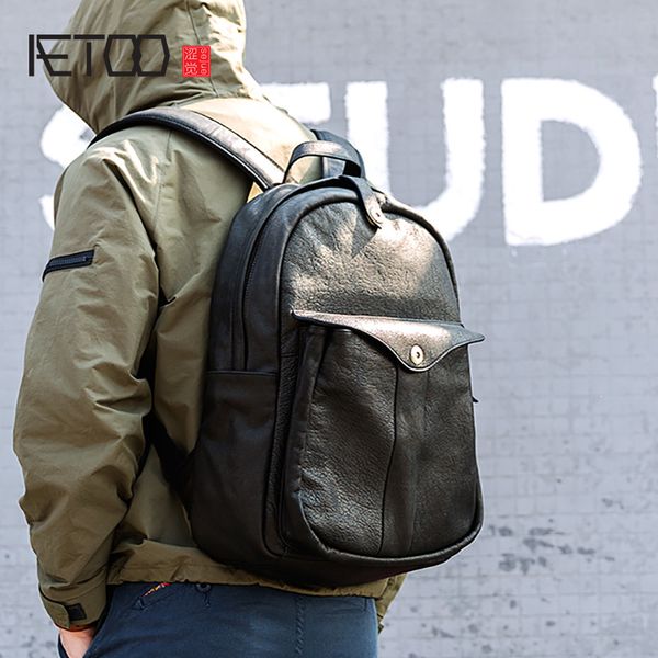 

hbp aetoo men's backpack, first layer cowhide large capacity leather backpack, casual handmade black backpack