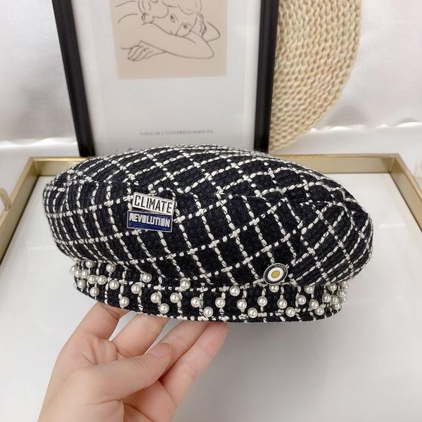 

2020 new grid pearl beret fashion brand slyte badge pin winter and autumn for woman1, Blue;gray