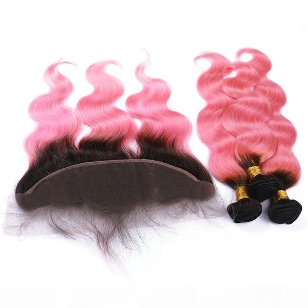 

black and pink two tone ombre virgin peruvian human hair 3 bundles extensions with body wave pink ombre full lace 13x4 frontal closure