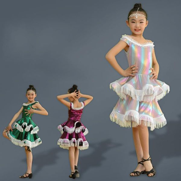 

children ballroom dance competition dresses kids fringe skirt latin dance dress girls salsa stage performance outfits dqs1741, Black;red