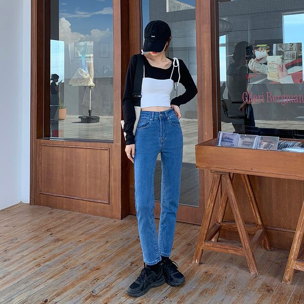 

high waist straight leg ankle jeans y1214, Blue