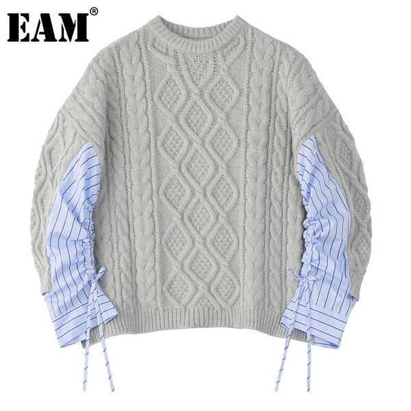 

eam] striped big size knitting sweater loose fit round neck long sleeve women pullovers new fashion autumn winter 2020 1db014, White;black