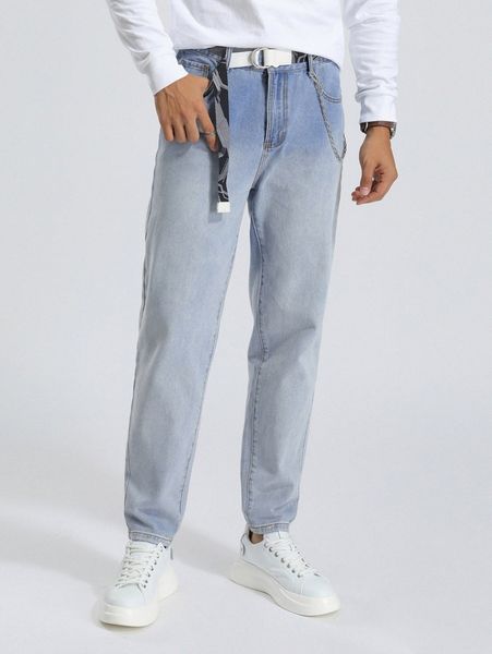 

men washed slant pocket jeans with belt n6zg#, Blue