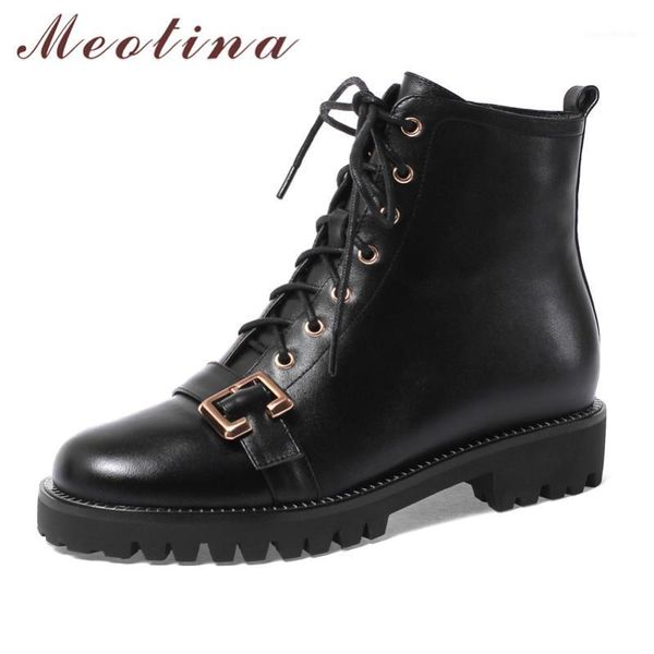 

boots meotina autumn motorcycle women natural genuine leather zip thick heel ankle buckle round toe shoes lady size 34-391, Black