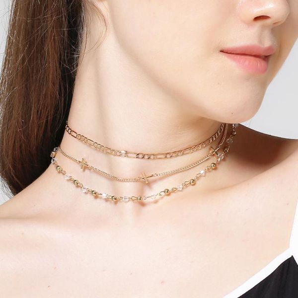 

layered necklace gold silver color chain cross choker necklaces for women 2020 fashion jewelry lady kettingen voor vrouwen