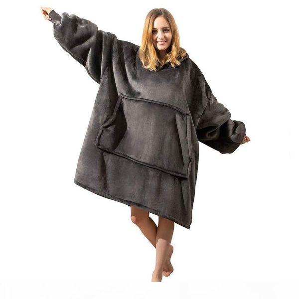 

winter women warm oversized fleece blanket hoodies sweatshirt hooded pocket blanket with sleeves sherpa pullovers sudadera mujer t200722, Black