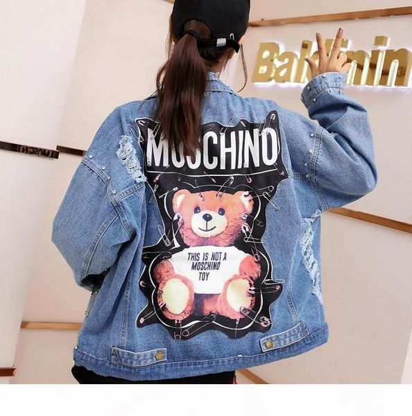 

female jacket 2019 sequins pearls punk batwing sleeve women's denim jacket ladies loose vintage streetwear jeans jackets coat1, Black;brown