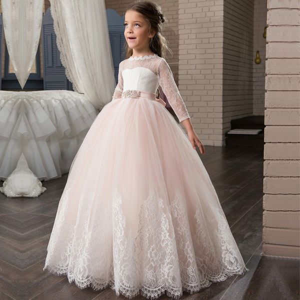 

cute tulle princess flower girl dresses with long sleeve lace communion dresses crystal belt wedding kid party dress 2017 ball gown tutu, White;blue