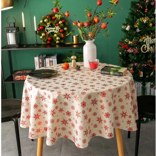 

christmas golden round tablecloth snow table cover cotton linen picnic cloth red background cloth home dinning table decoration