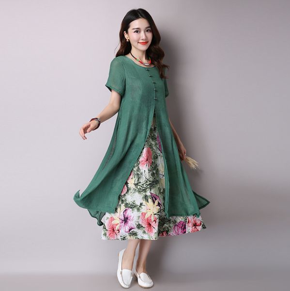 

2021 new and linen cotton summer vintage green flower dress long women's dresses casual robe femme kj020 2iim, Black;gray
