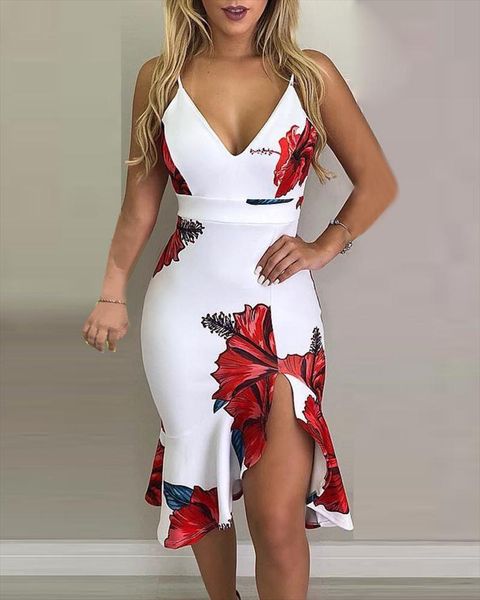 

2020 new fashion elegant slim bodycon party beach dress sleeveless dress spaghetti strap floral print slit ruffles, Black;gray