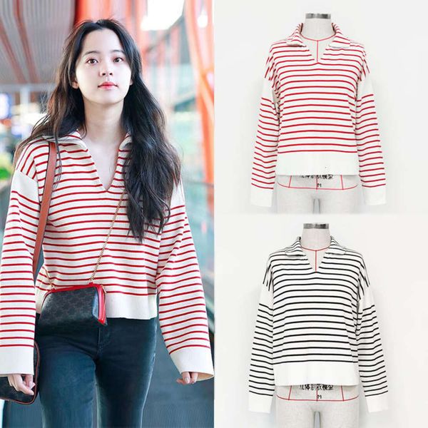 

ouyang nana star same women's lapel red striped sweater, White;black