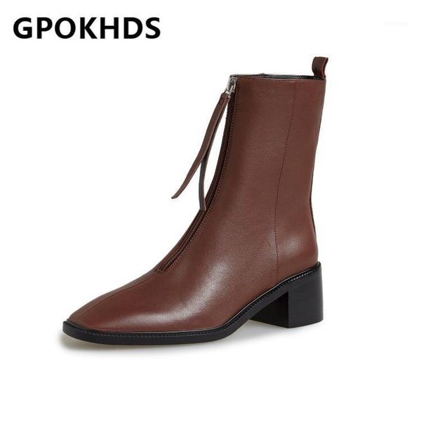 

gpokhds 2021 women ankle boots sheepskin winter short plush square toe zipper high heels female riding boots size 391, Black