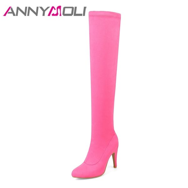 

annymoli boots women thigh high boots thin heel over the knee boots winter female tall shoes black pink big size 33-43 t200425