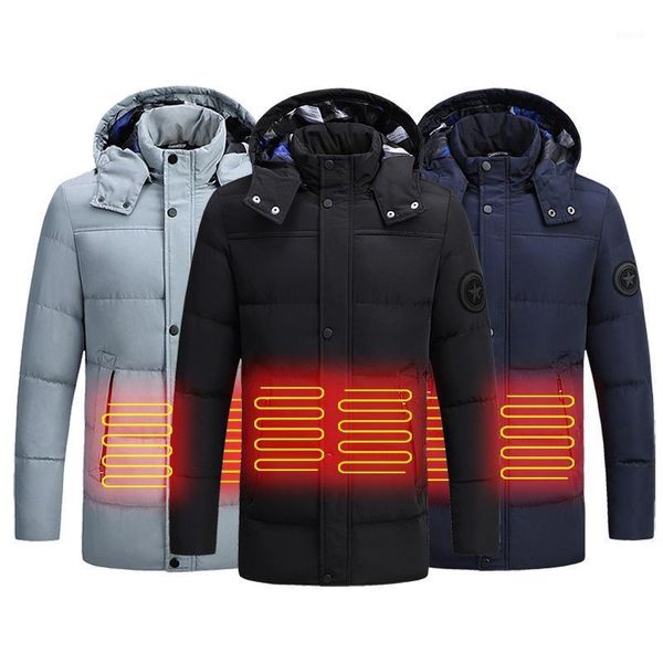 

new men winter warm usb heating jackets smart thermostat pure color hooded heated clothing waterproof warmer down coat outdoor1, Gray;blue