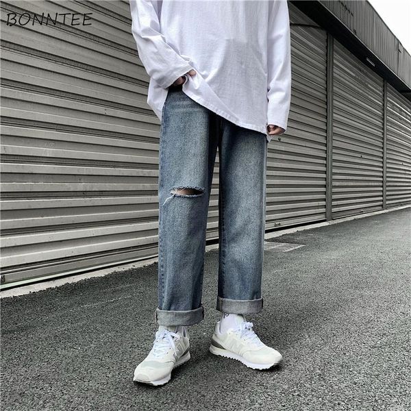

men wide leg jeans ripped ins solid loose ankle-length denim all-match stylish korean style streetwear harajuku chic, Blue