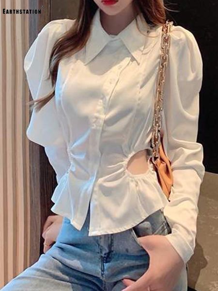 

solid color lapel puff sleeve hollow leaking waist short waist shirt ladies autumn new style personality all-match, White