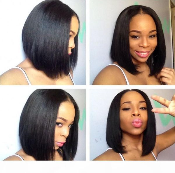 

peruvian straight human hair bob wigs pre plucked full lace wig lace front wig bleached knots with natural hairline, Black;brown