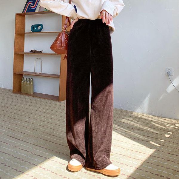 

3 colors 2021 korean style vintage wide leg trouser female high elastic waist corduroy warm long pants womens female (x1691)1, Black;white