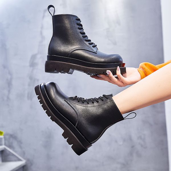 

2020 net red boots children autumn and winter mid heel british martin boots women's leather medium tube women's leather short boot, Black