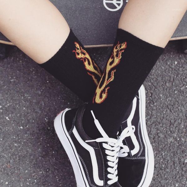 

men hip hop hit color on fire crew socks cotton summer spring red flame blaze power torch warmth street skateboard socks1, Black