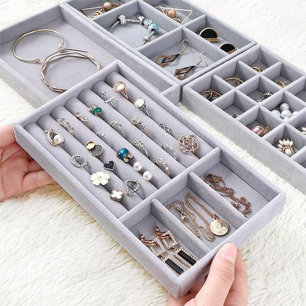 

3pcs drawer diy jewelry box organizer tray ring bracelet display case velvet jewellery storage earring holder fit most space, Pink;blue