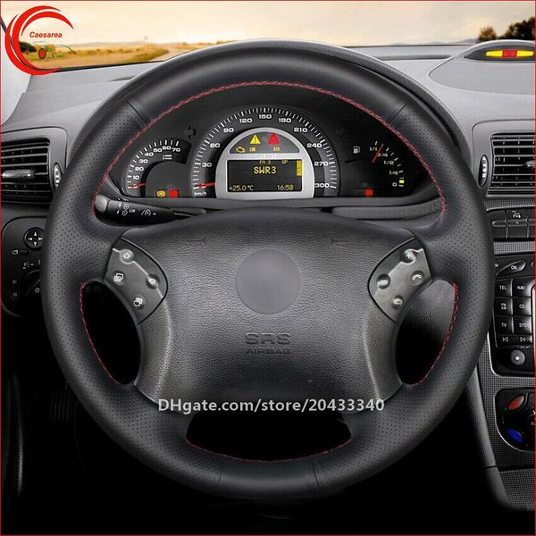 

hand sew black leather car steering wheel cover for benz w203 c-class 2001-2007