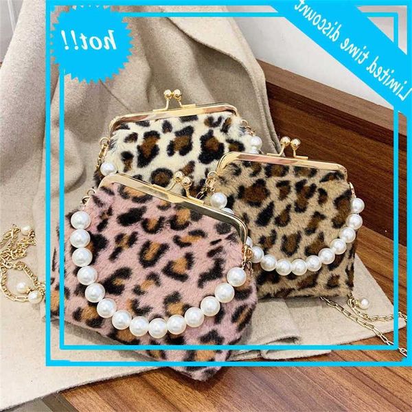 

fashion pluche leopard shoulder bags chains small crossbody cups for winter pearl design dead handbags women 2021