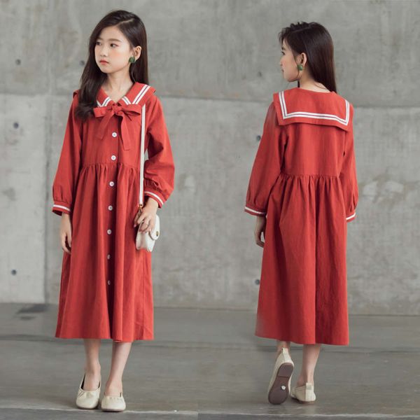 

girls' autumn winter 2020 cotton student collar sve drs long middle school children's parent child skirt, Red;yellow