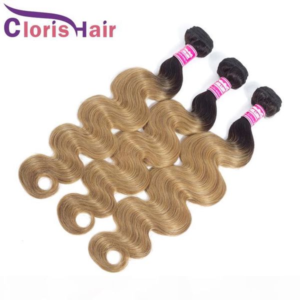 

colored honey blonde human hair extensions raw virgin indian body wave bundles 3pcs 1b 27 two tone blonde wavy ombre weaves deals, Black