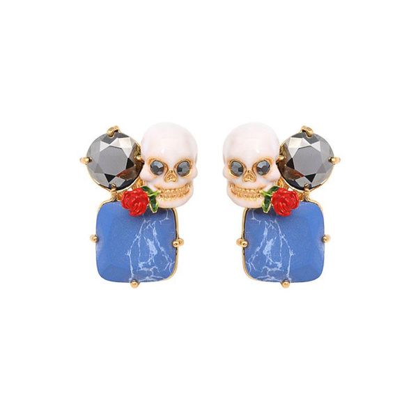 

charm skull rose earrings for women chic elegant unique red flower blue gem stud earring fashion jewelry, Golden;silver