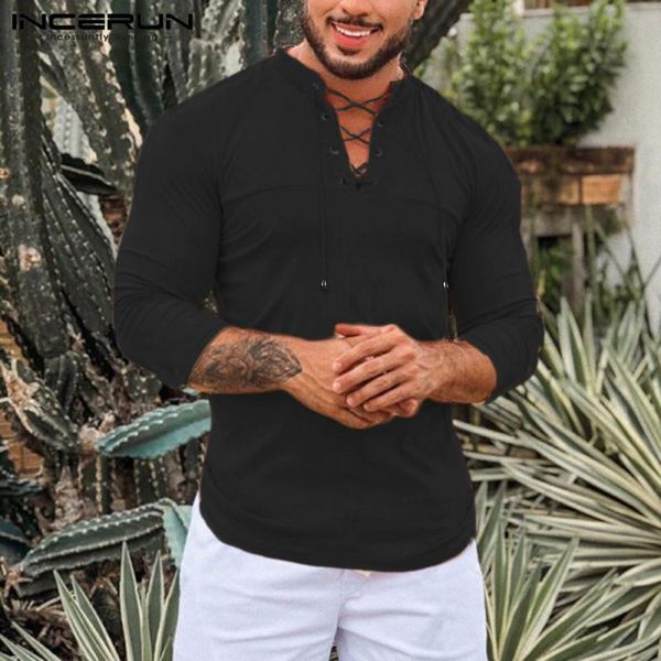 

mens solid color shirts long sleeve v neck camisa man leisure lace up chemise hombre fitness blusas vintage shirt incerun s-5xl, White;black