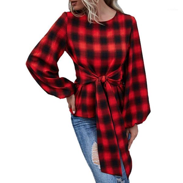 

woman coat fashionable retro plaid shirt round neck long lantern sleeve bow lace-up pullover daily life vacation shirt 1, Black;brown